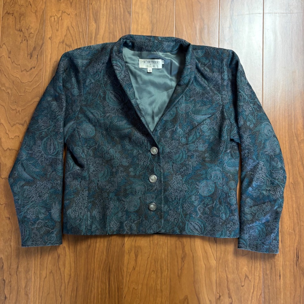 VTG Michi Moon Sanyo Floral Jacquard Blazer Jacket Teal Charcoal Made in Japan 8